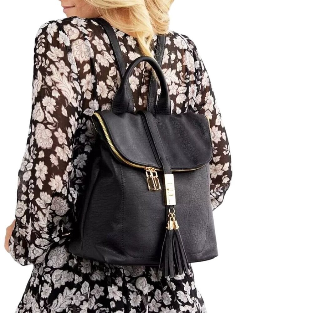 Myztique The Diana Backpack Black Faux Leather Adjustable Zip Snap Closure
